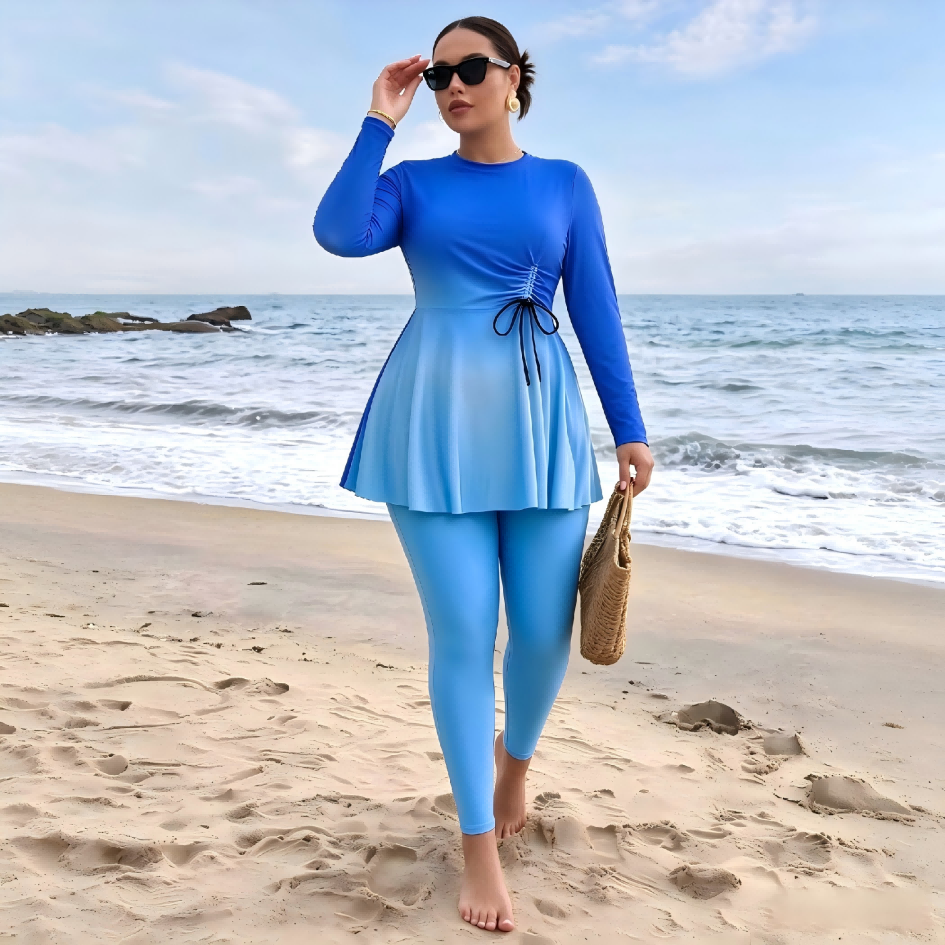 Womens Plus Size Modest 2 Piece Swimsuit Gradient Long Sleeve Swim Dress with Full Length Swim Leggings